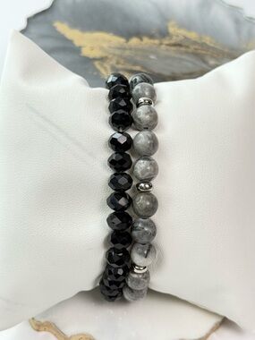 2PC Black & Gray Bracelet Set | Faceted Crystal & Stone Beaded Stretch Bracelets